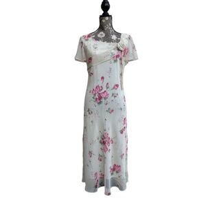 Vintage Dressbarn Women' 8 Ivory Cream Floral Chiffon Short Sleeve Maxi Dress
